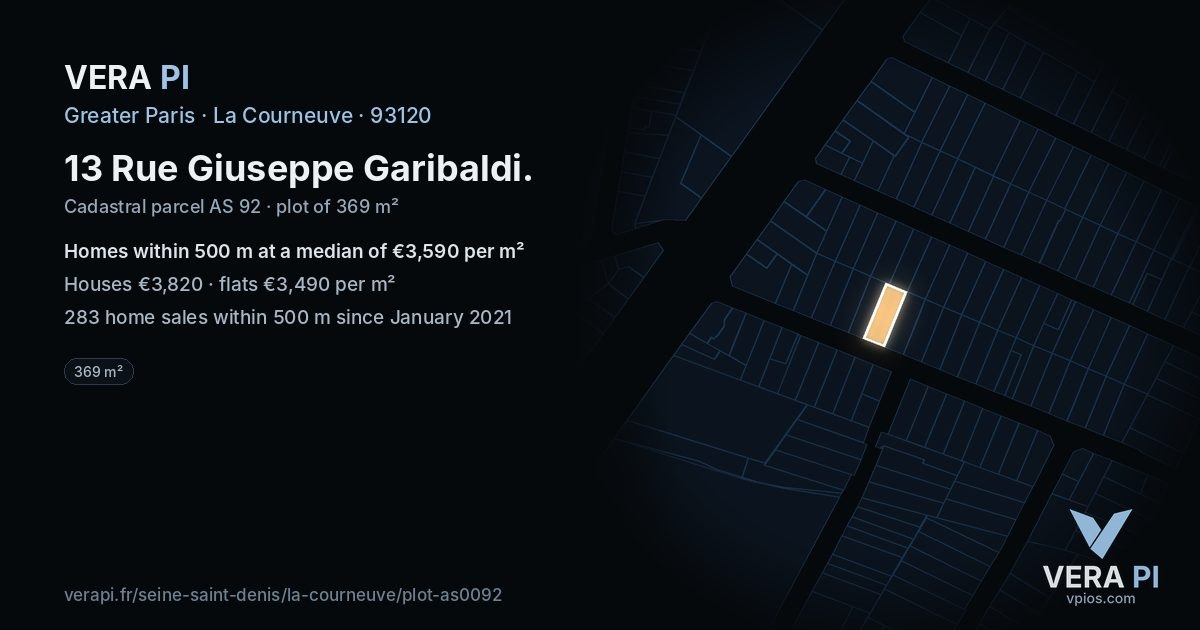 13 Rue Giuseppe Garibaldi, La Courneuve at night – the plot lit, the parcels around coloured by the prices near them