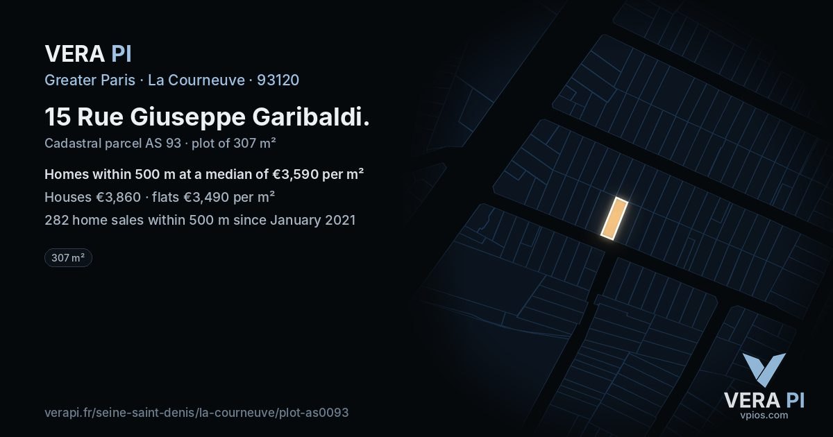 15 Rue Giuseppe Garibaldi, La Courneuve at night – the plot lit, the parcels around coloured by the prices near them