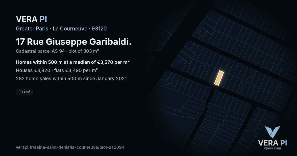 17 Rue Giuseppe Garibaldi, La Courneuve at night – the plot lit, the parcels around coloured by the prices near them