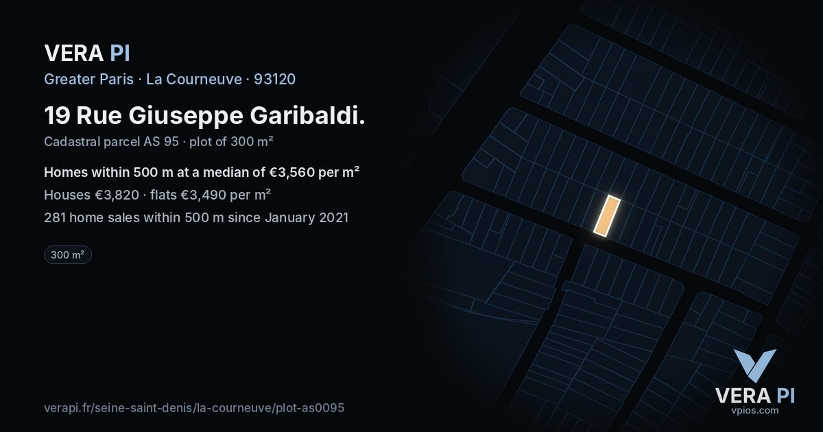 19 Rue Giuseppe Garibaldi, La Courneuve at night – the plot lit, the parcels around coloured by the prices near them