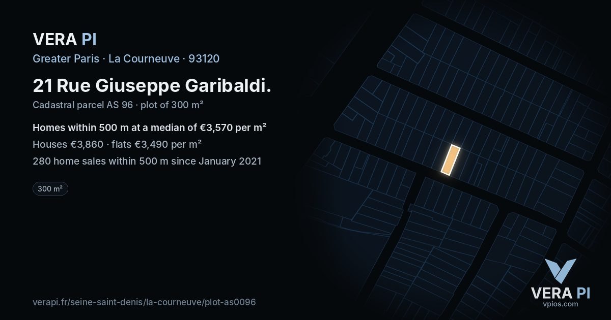 21 Rue Giuseppe Garibaldi, La Courneuve at night – the plot lit, the parcels around coloured by the prices near them