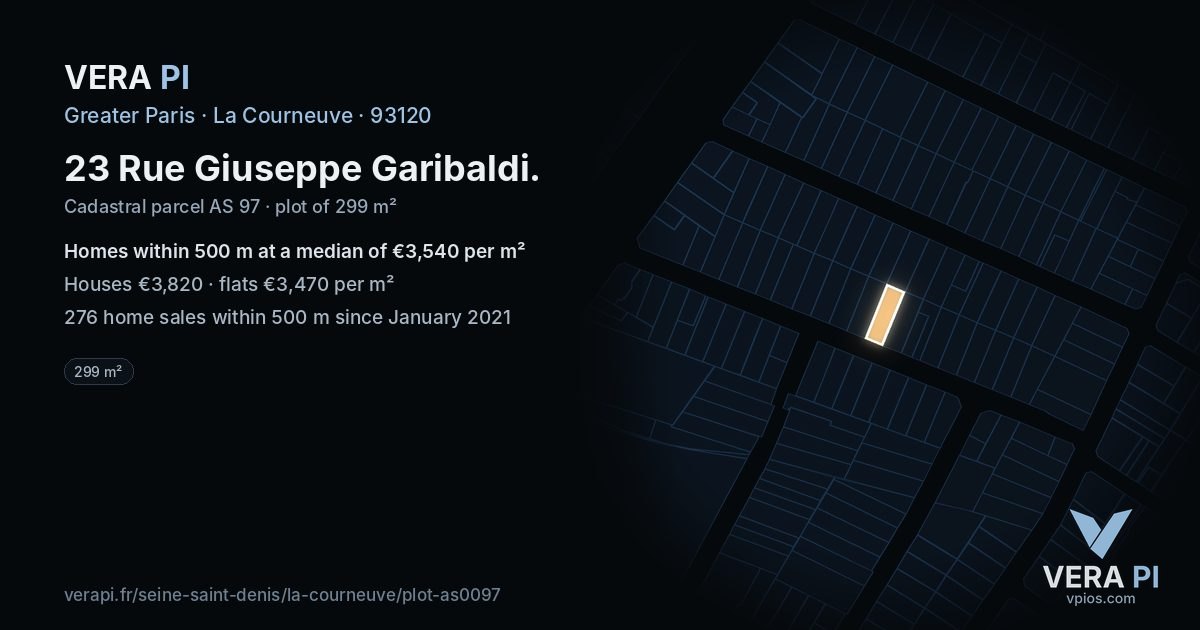 23 Rue Giuseppe Garibaldi, La Courneuve at night – the plot lit, the parcels around coloured by the prices near them