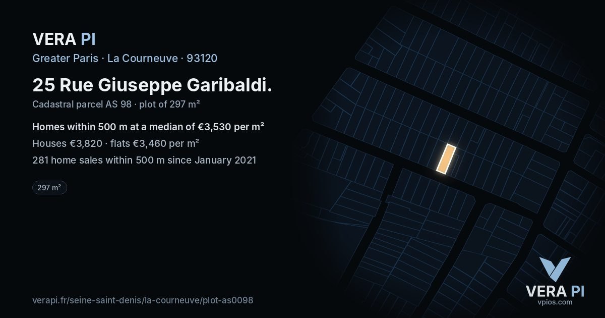 25 Rue Giuseppe Garibaldi, La Courneuve at night – the plot lit, the parcels around coloured by the prices near them