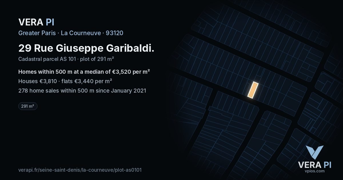 29 Rue Giuseppe Garibaldi, La Courneuve at night – the plot lit, the parcels around coloured by the prices near them