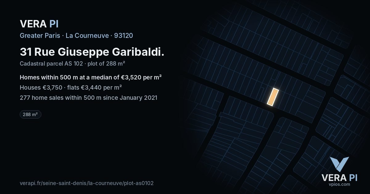 31 Rue Giuseppe Garibaldi, La Courneuve at night – the plot lit, the parcels around coloured by the prices near them