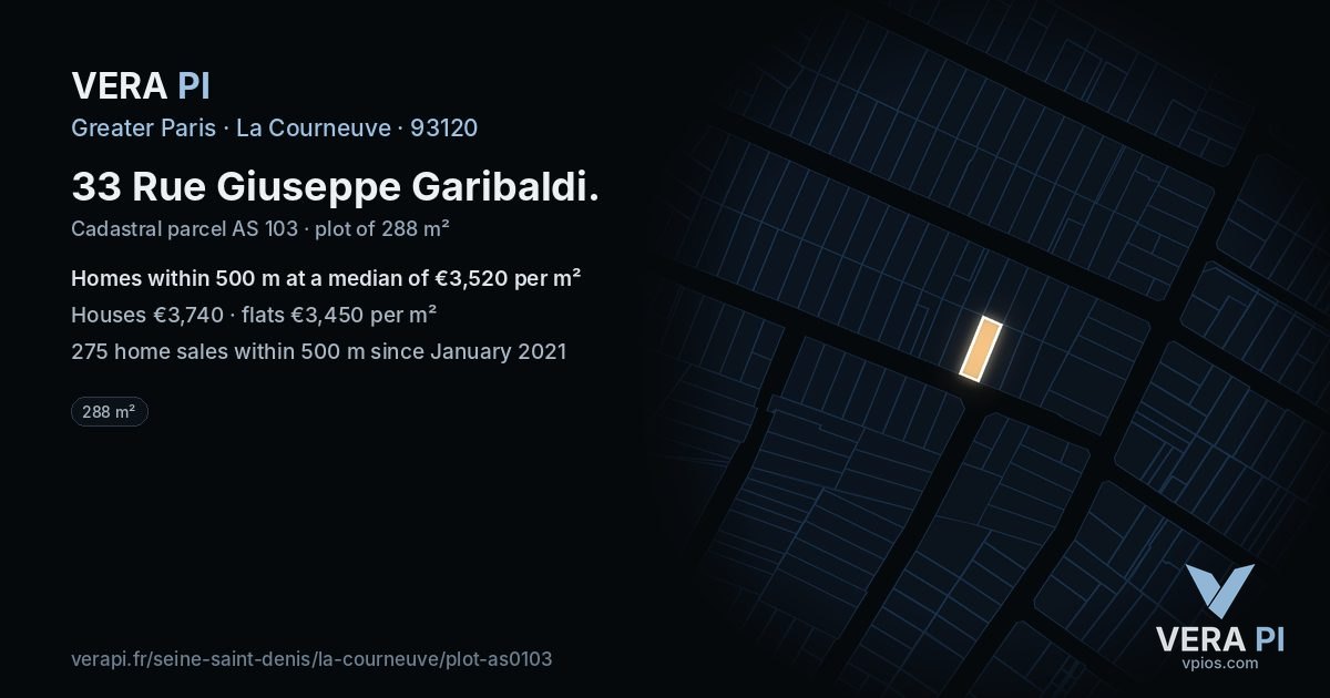 33 Rue Giuseppe Garibaldi, La Courneuve at night – the plot lit, the parcels around coloured by the prices near them