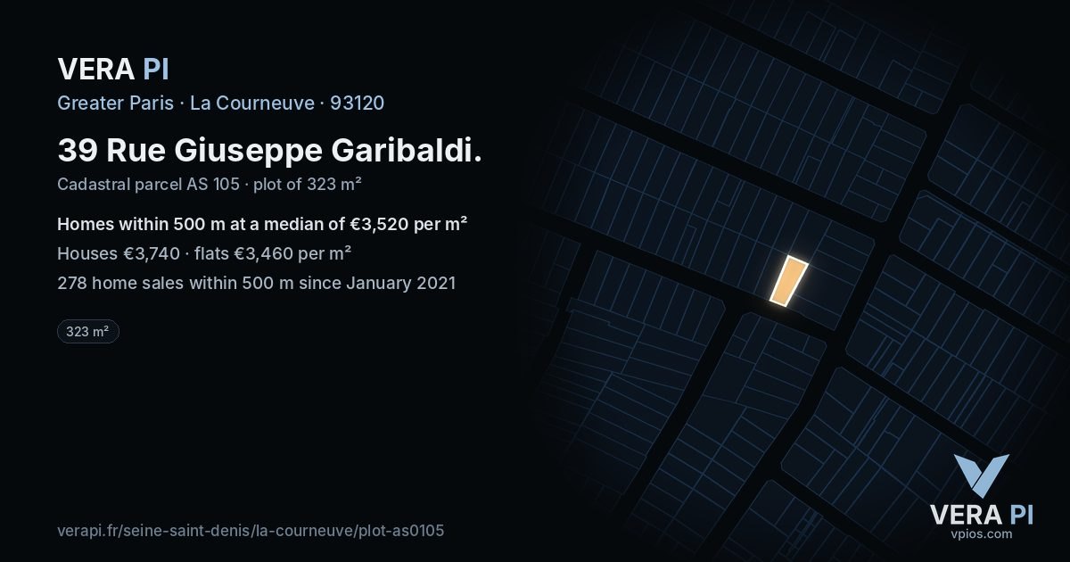 39 Rue Giuseppe Garibaldi, La Courneuve at night – the plot lit, the parcels around coloured by the prices near them