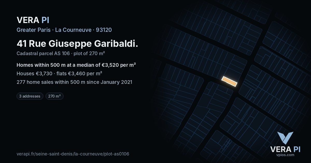 41 Rue Giuseppe Garibaldi, La Courneuve at night – the plot lit, the parcels around coloured by the prices near them