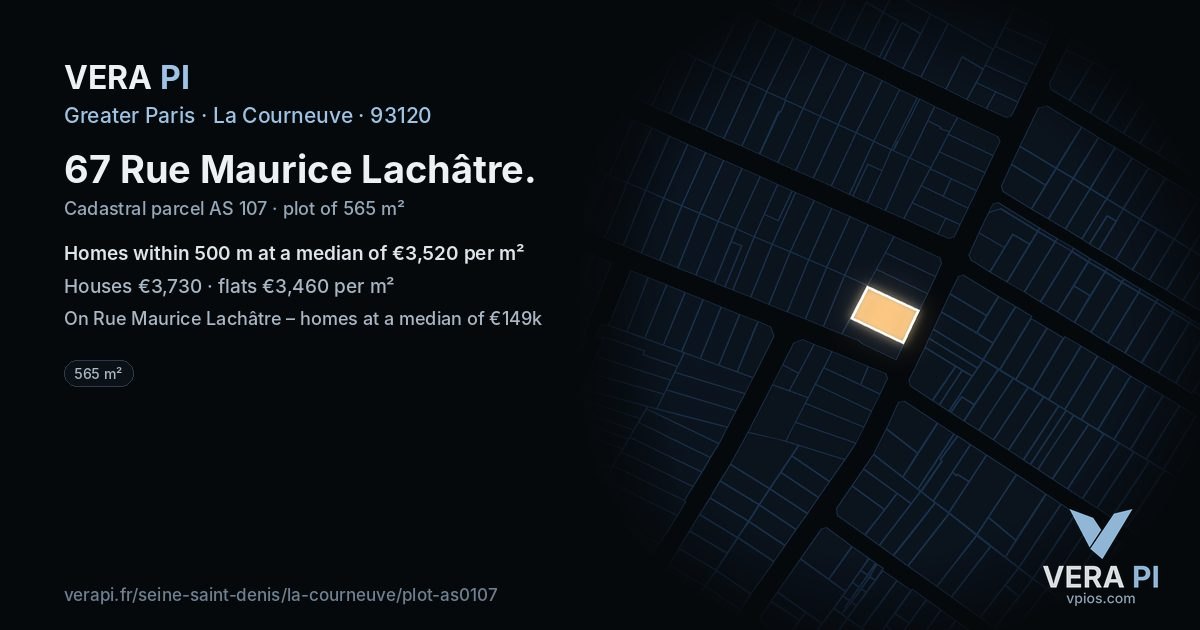 67 Rue Maurice Lachâtre, La Courneuve at night – the plot lit, the parcels around coloured by the prices near them