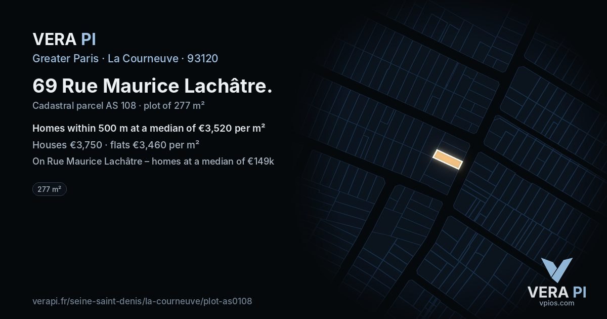 69 Rue Maurice Lachâtre, La Courneuve at night – the plot lit, the parcels around coloured by the prices near them