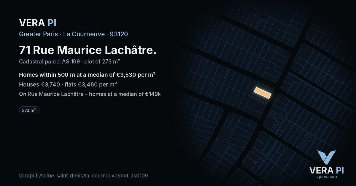 71 Rue Maurice Lachâtre, La Courneuve at night – the plot lit, the parcels around coloured by the prices near them
