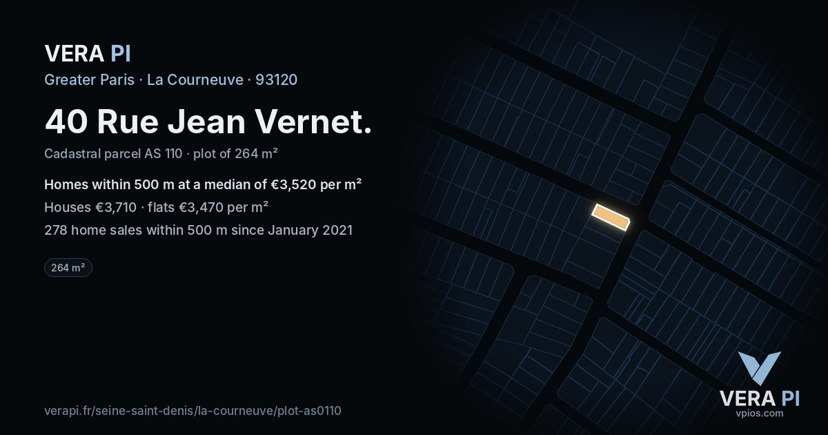 40 Rue Jean Vernet, La Courneuve at night – the plot lit, the parcels around coloured by the prices near them