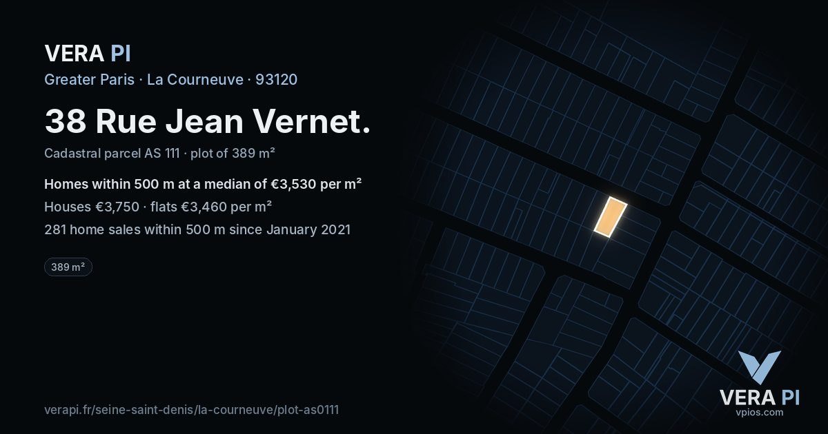38 Rue Jean Vernet, La Courneuve at night – the plot lit, the parcels around coloured by the prices near them