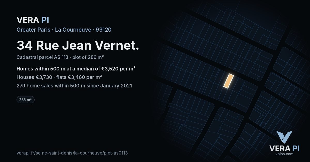34 Rue Jean Vernet, La Courneuve at night – the plot lit, the parcels around coloured by the prices near them
