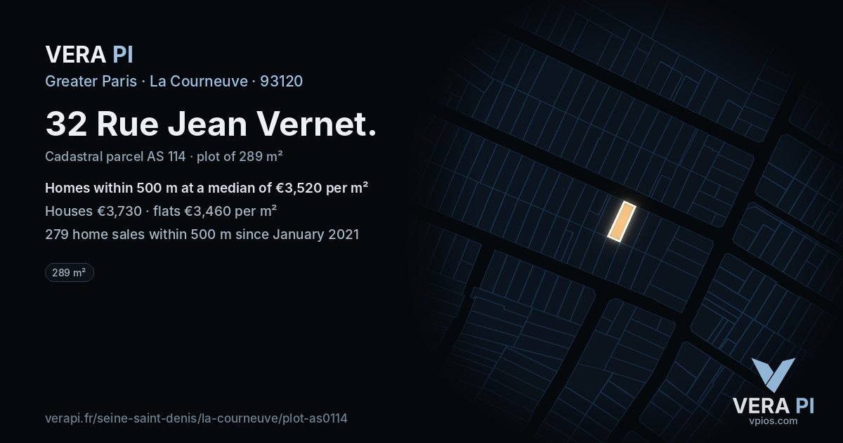 32 Rue Jean Vernet, La Courneuve at night – the plot lit, the parcels around coloured by the prices near them