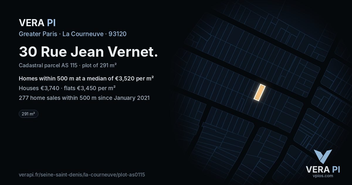 30 Rue Jean Vernet, La Courneuve at night – the plot lit, the parcels around coloured by the prices near them