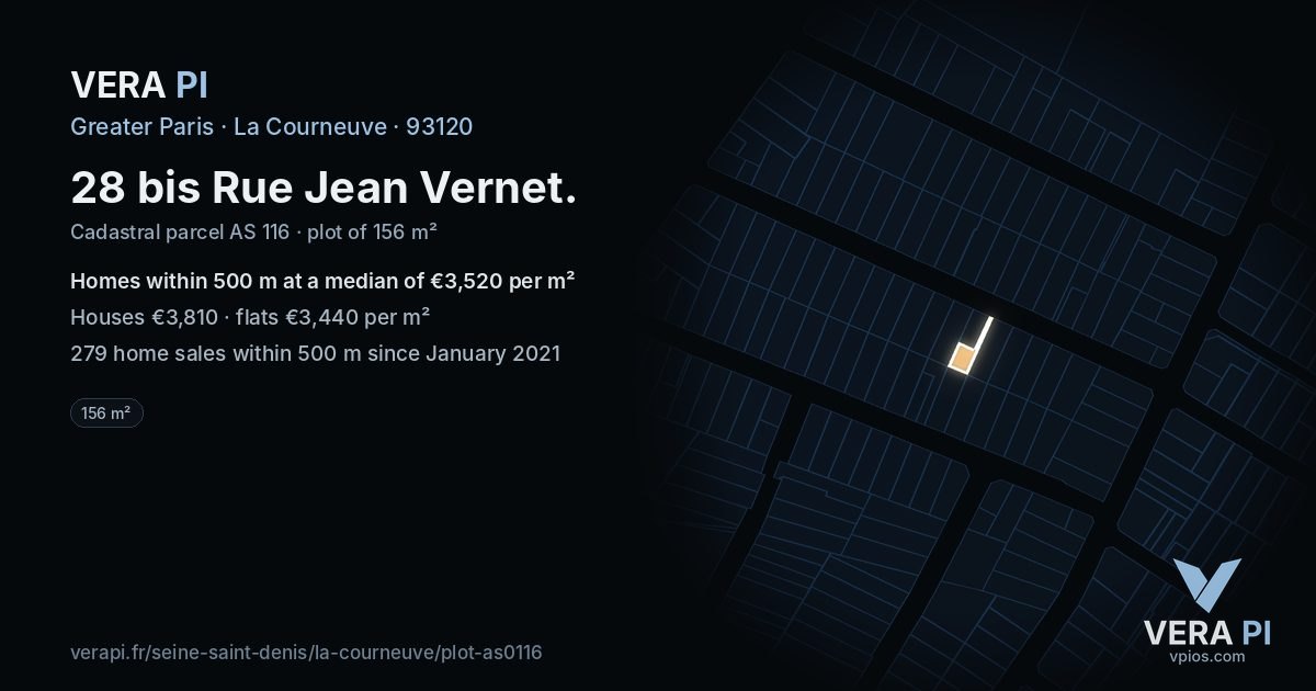 28 bis Rue Jean Vernet, La Courneuve at night – the plot lit, the parcels around coloured by the prices near them