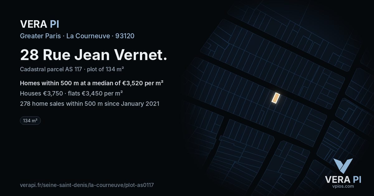28 Rue Jean Vernet, La Courneuve at night – the plot lit, the parcels around coloured by the prices near them