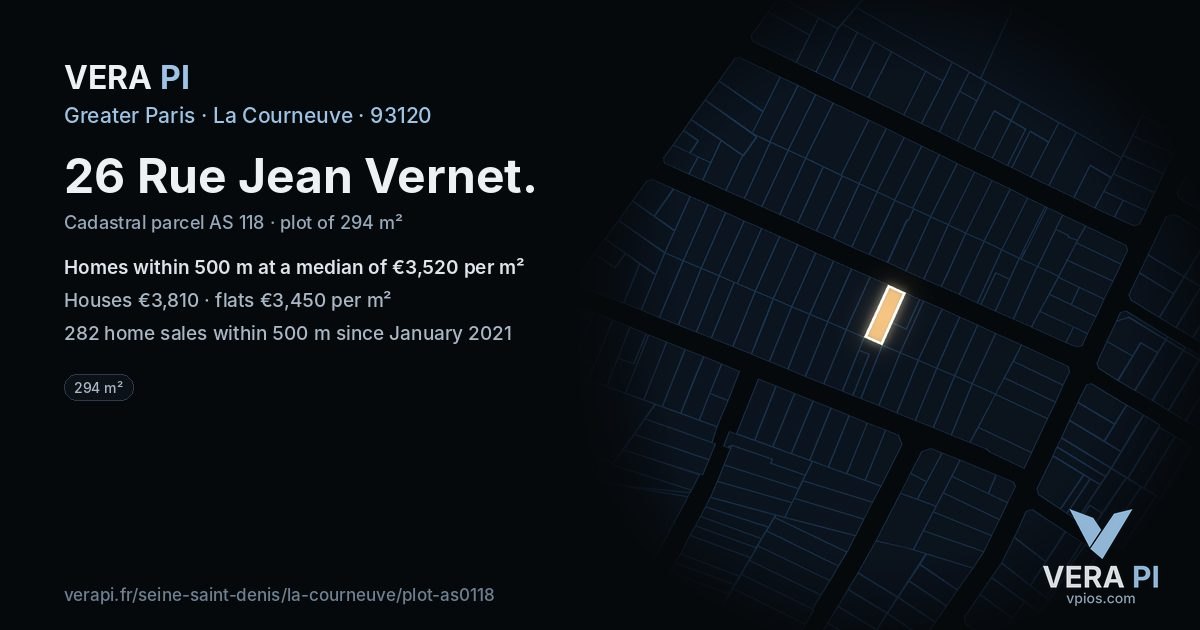 26 Rue Jean Vernet, La Courneuve at night – the plot lit, the parcels around coloured by the prices near them