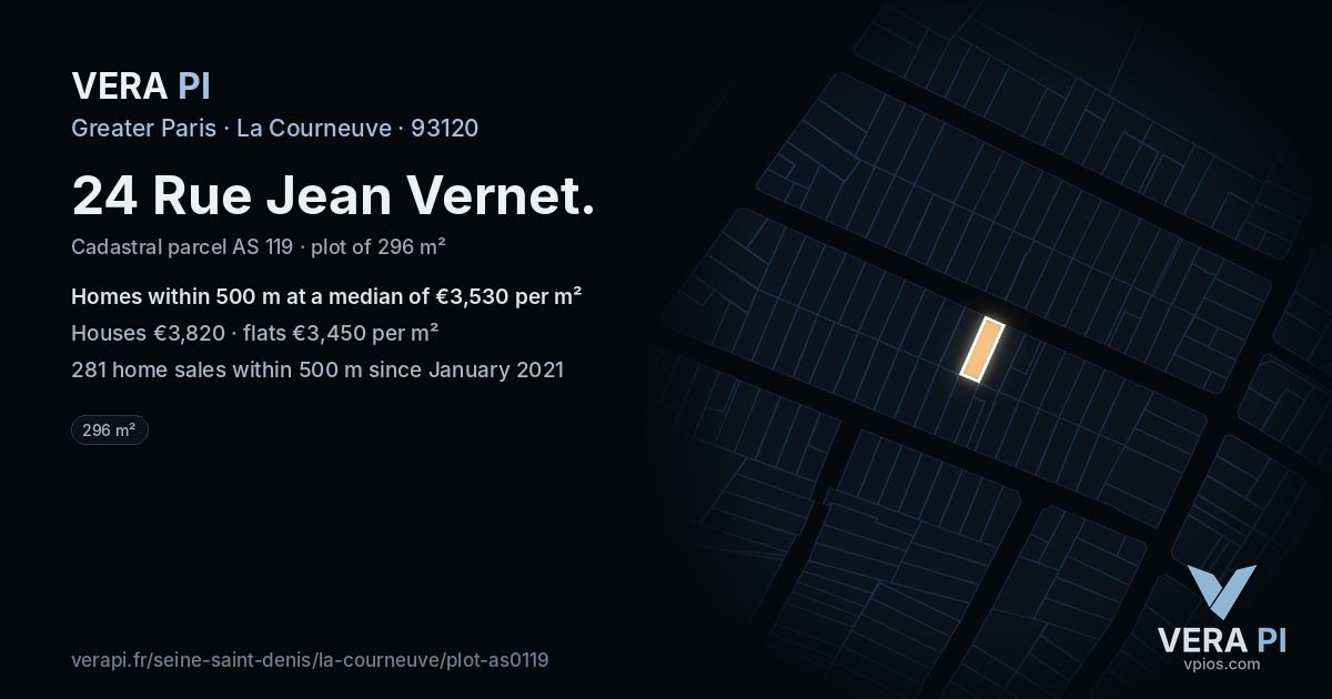 24 Rue Jean Vernet, La Courneuve at night – the plot lit, the parcels around coloured by the prices near them