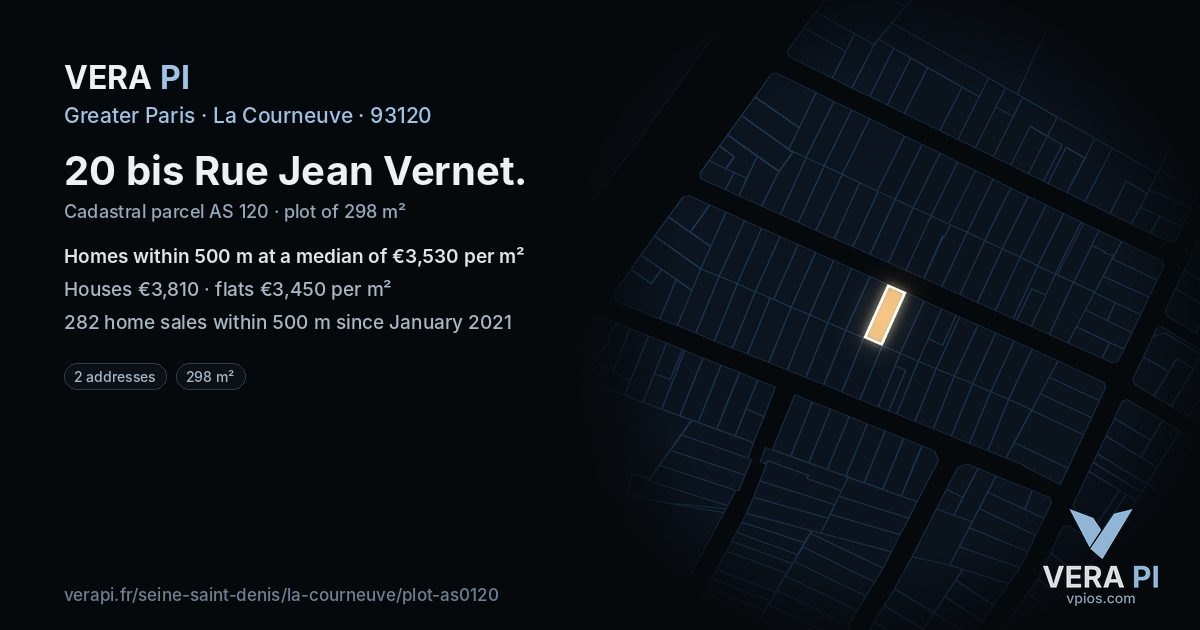 20 bis Rue Jean Vernet, La Courneuve at night – the plot lit, the parcels around coloured by the prices near them