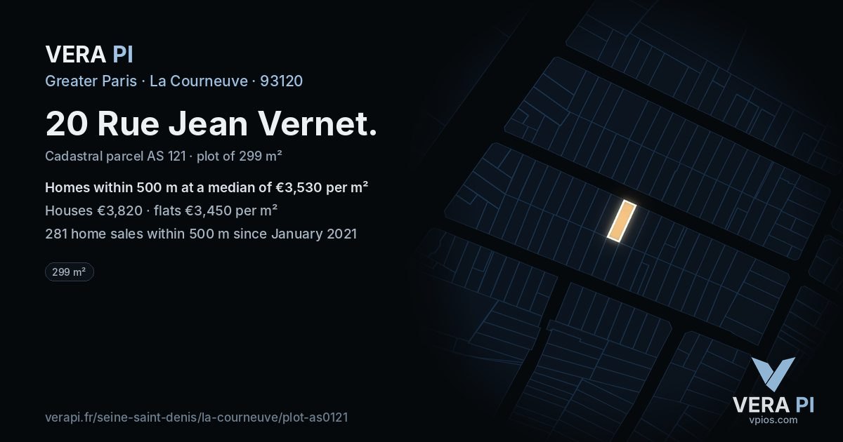 20 Rue Jean Vernet, La Courneuve at night – the plot lit, the parcels around coloured by the prices near them