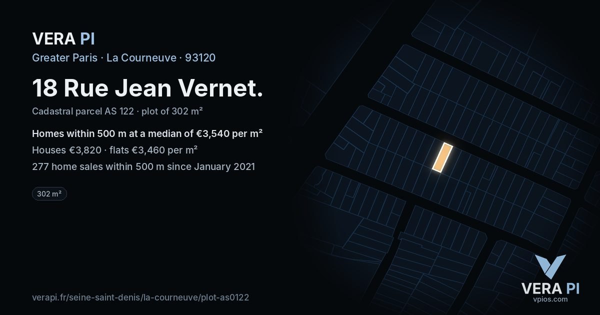 18 Rue Jean Vernet, La Courneuve at night – the plot lit, the parcels around coloured by the prices near them