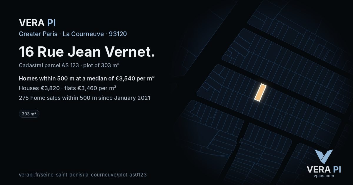 16 Rue Jean Vernet, La Courneuve at night – the plot lit, the parcels around coloured by the prices near them