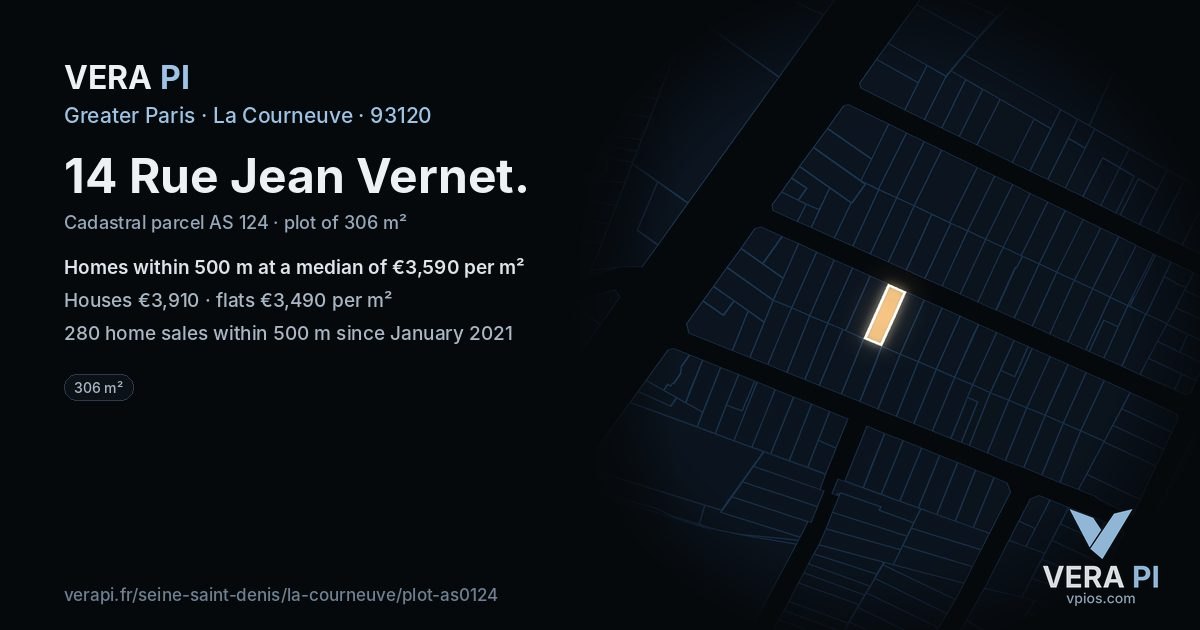 14 Rue Jean Vernet, La Courneuve at night – the plot lit, the parcels around coloured by the prices near them