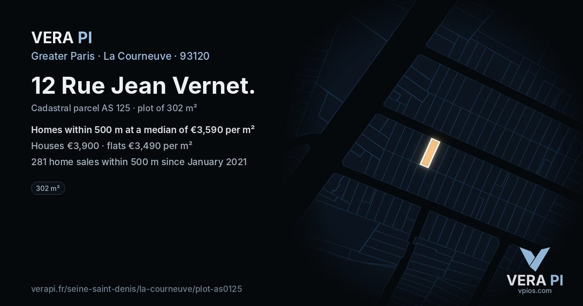 12 Rue Jean Vernet, La Courneuve at night – the plot lit, the parcels around coloured by the prices near them