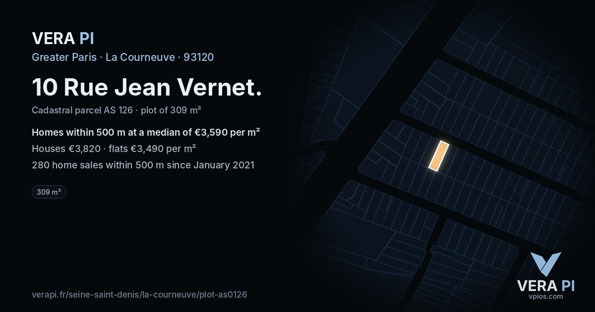 10 Rue Jean Vernet, La Courneuve at night – the plot lit, the parcels around coloured by the prices near them