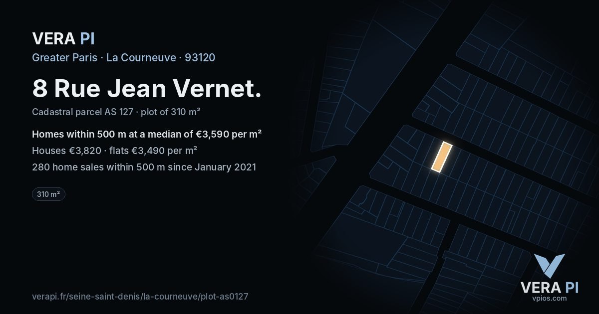 8 Rue Jean Vernet, La Courneuve at night – the plot lit, the parcels around coloured by the prices near them