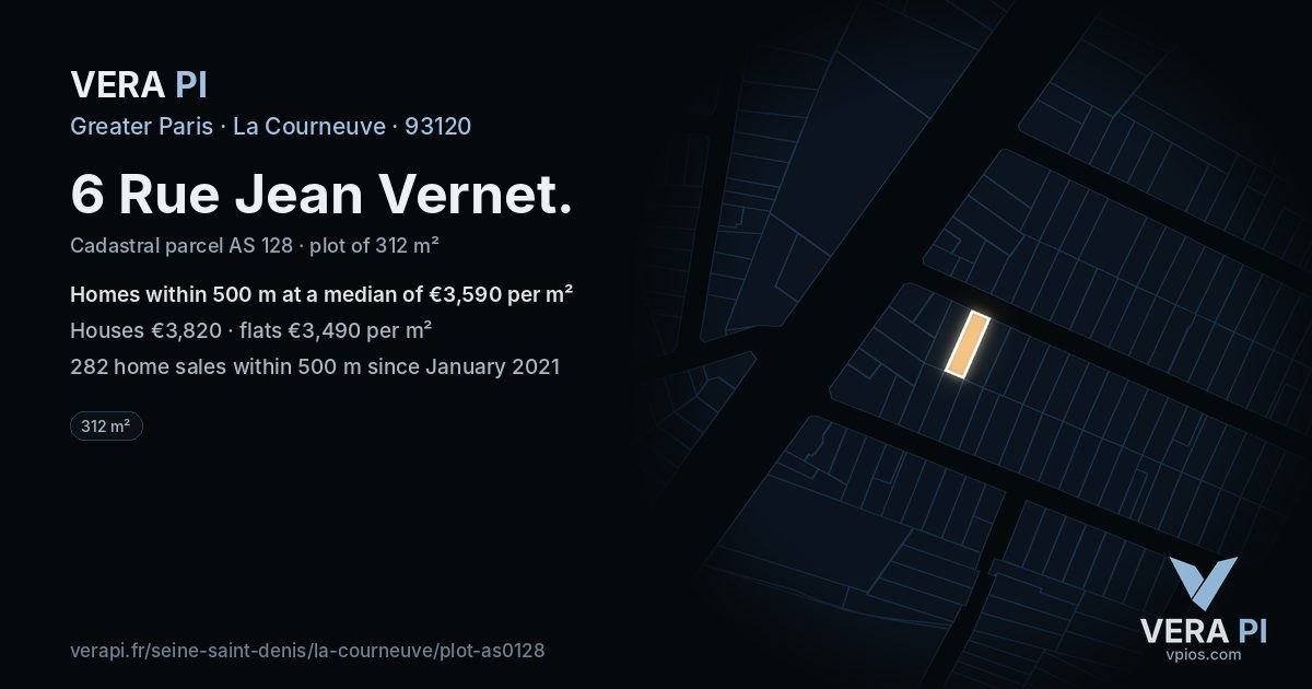 6 Rue Jean Vernet, La Courneuve at night – the plot lit, the parcels around coloured by the prices near them