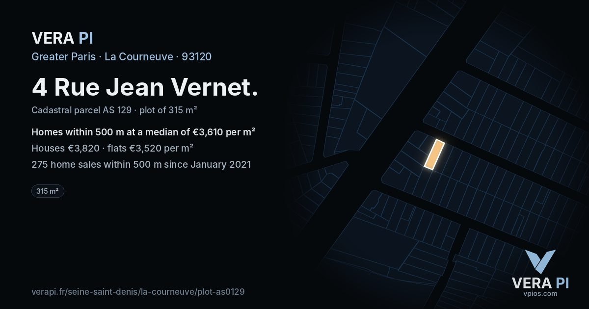 4 Rue Jean Vernet, La Courneuve at night – the plot lit, the parcels around coloured by the prices near them