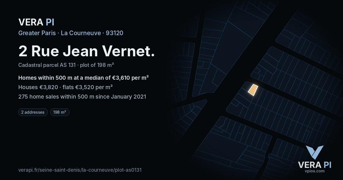 2 Rue Jean Vernet, La Courneuve at night – the plot lit, the parcels around coloured by the prices near them