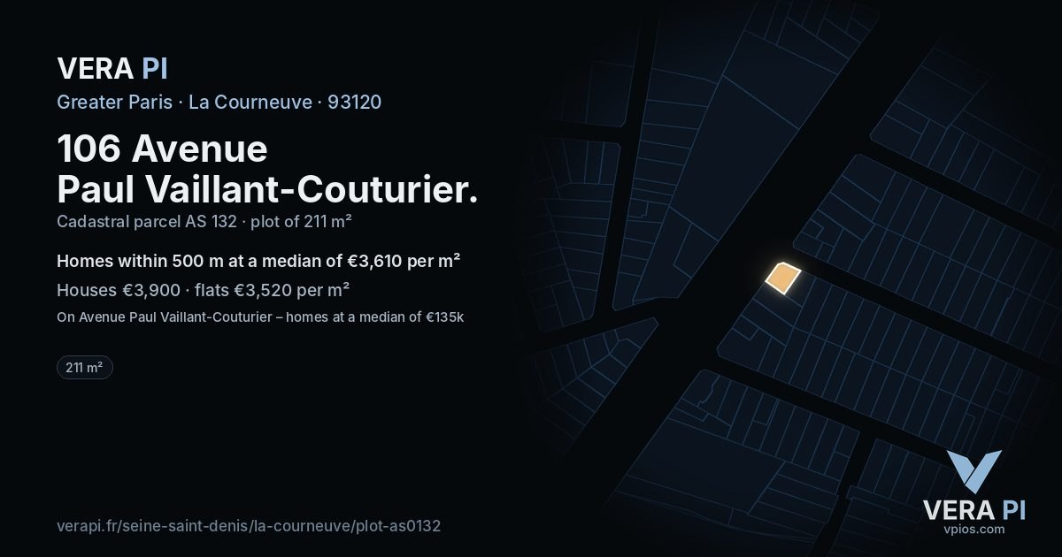 106 Avenue Paul Vaillant-Couturier, La Courneuve at night – the plot lit, the parcels around coloured by the prices near them