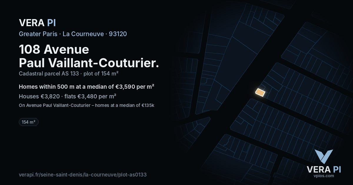 108 Avenue Paul Vaillant-Couturier, La Courneuve at night – the plot lit, the parcels around coloured by the prices near them