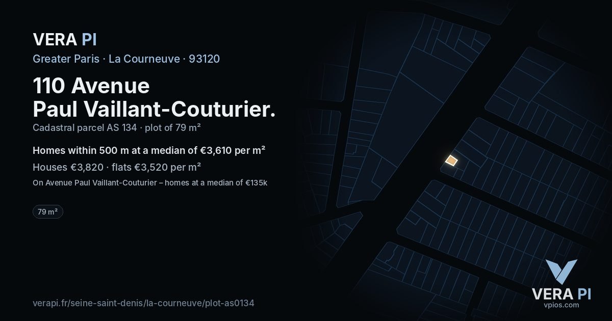 110 Avenue Paul Vaillant-Couturier, La Courneuve at night – the plot lit, the parcels around coloured by the prices near them