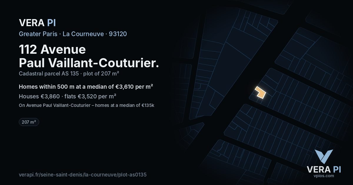 112 Avenue Paul Vaillant-Couturier, La Courneuve at night – the plot lit, the parcels around coloured by the prices near them