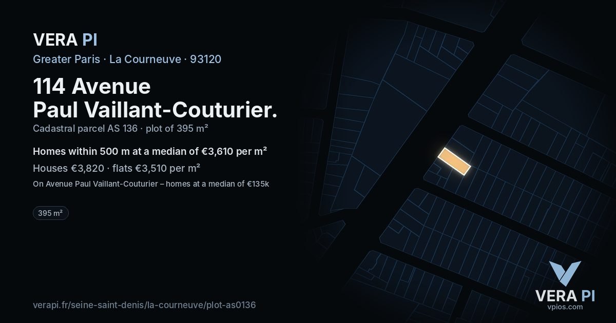 114 Avenue Paul Vaillant-Couturier, La Courneuve at night – the plot lit, the parcels around coloured by the prices near them