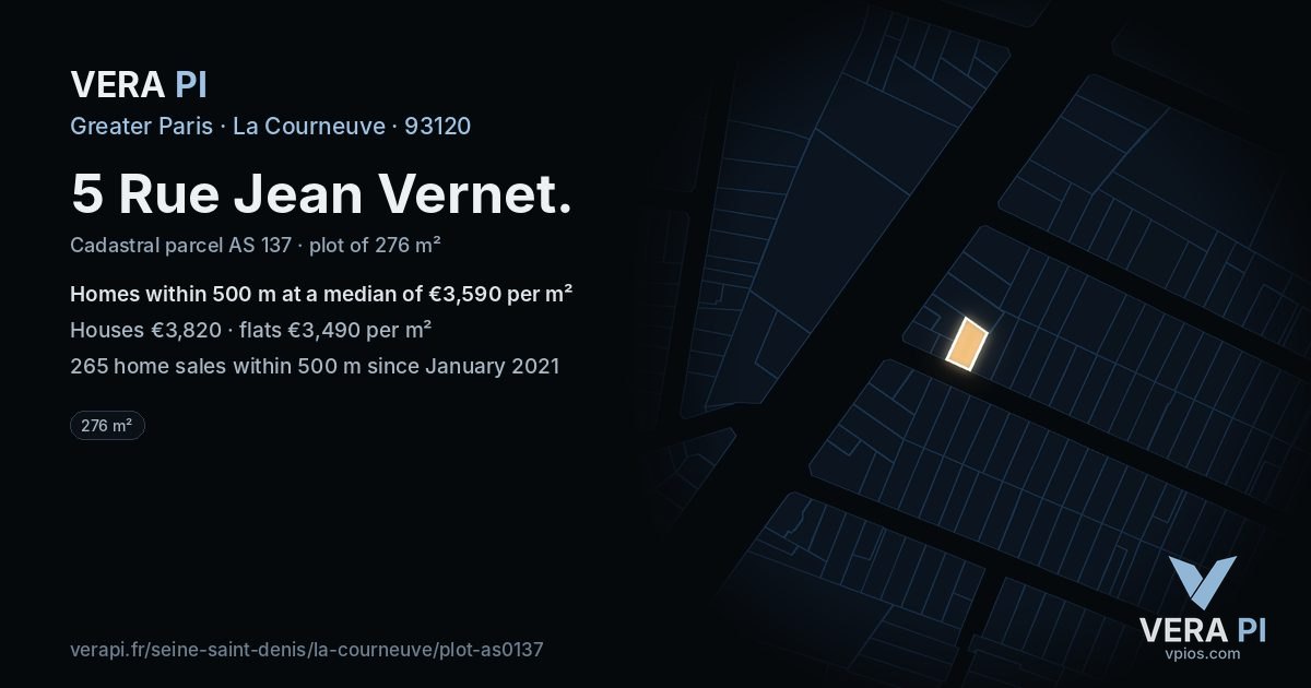 5 Rue Jean Vernet, La Courneuve at night – the plot lit, the parcels around coloured by the prices near them