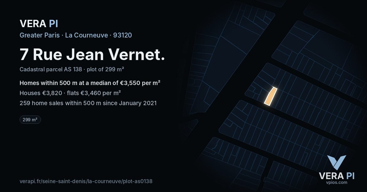 7 Rue Jean Vernet, La Courneuve at night – the plot lit, the parcels around coloured by the prices near them