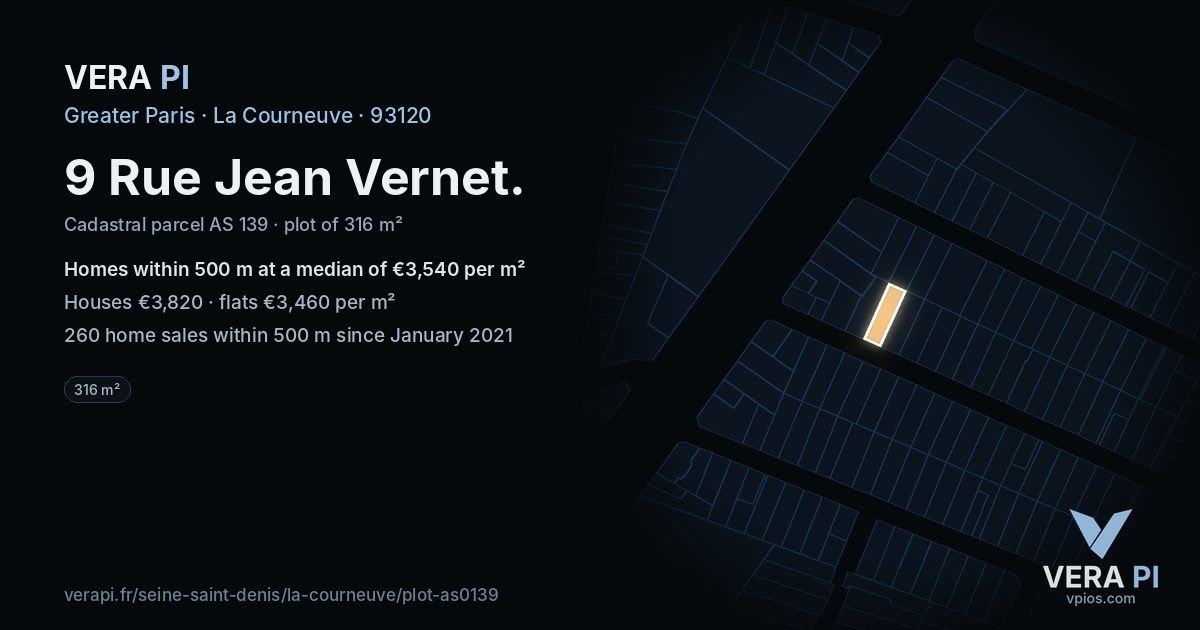 9 Rue Jean Vernet, La Courneuve at night – the plot lit, the parcels around coloured by the prices near them