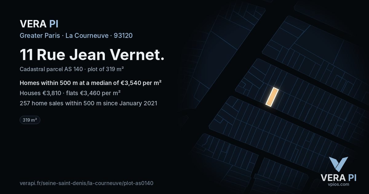 11 Rue Jean Vernet, La Courneuve at night – the plot lit, the parcels around coloured by the prices near them