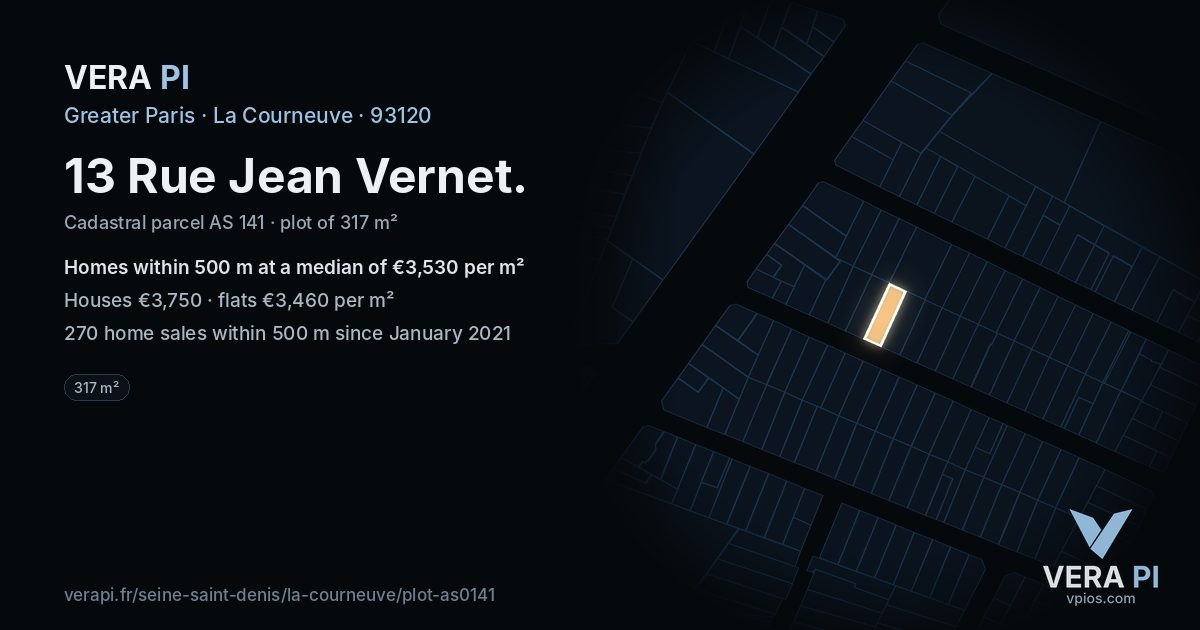 13 Rue Jean Vernet, La Courneuve at night – the plot lit, the parcels around coloured by the prices near them