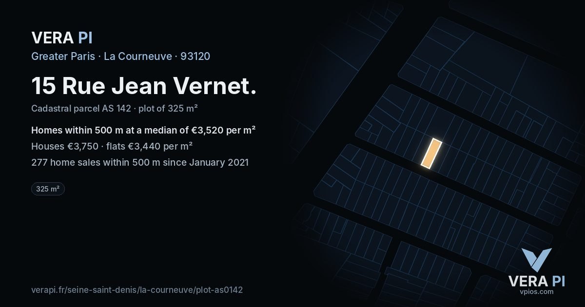 15 Rue Jean Vernet, La Courneuve at night – the plot lit, the parcels around coloured by the prices near them