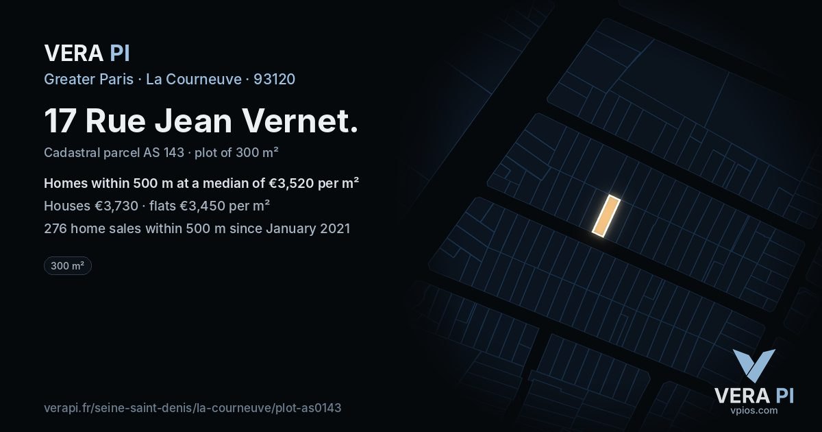 17 Rue Jean Vernet, La Courneuve at night – the plot lit, the parcels around coloured by the prices near them