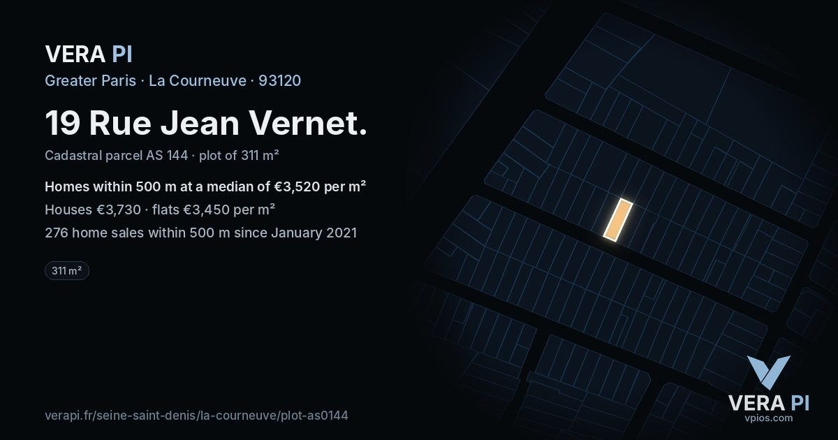 19 Rue Jean Vernet, La Courneuve at night – the plot lit, the parcels around coloured by the prices near them