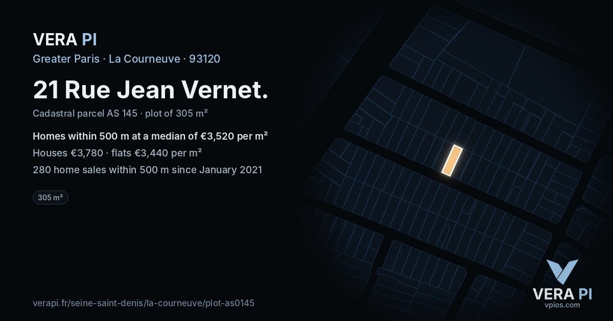 21 Rue Jean Vernet, La Courneuve at night – the plot lit, the parcels around coloured by the prices near them
