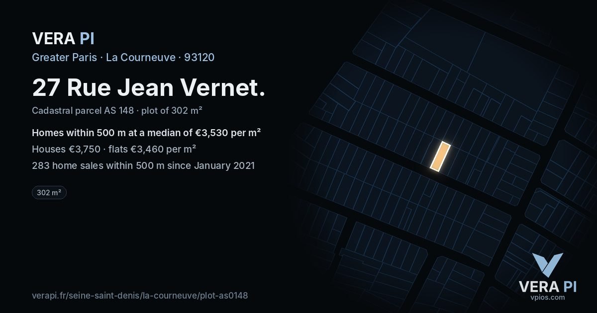 27 Rue Jean Vernet, La Courneuve at night – the plot lit, the parcels around coloured by the prices near them
